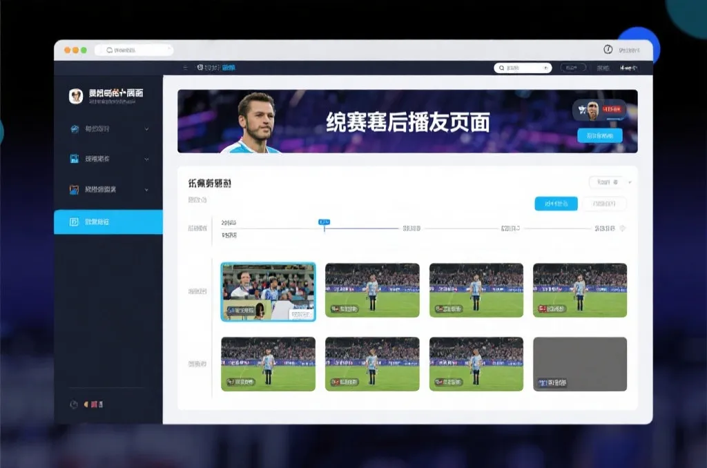 比赛结束后，电视屏幕展示集锦回放页面，旁边有时间轴和多角度切换提示